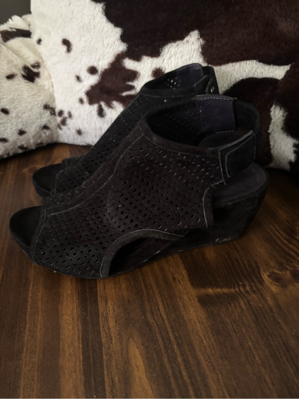 Vaneli Black Perforated Suede Peep Toe Wedge Sandals 8.5 M